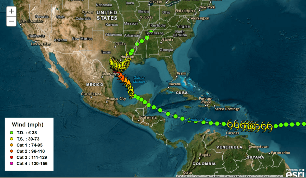 Hurricane Harvey path from a tropical storm to Category 4 Hurricane.